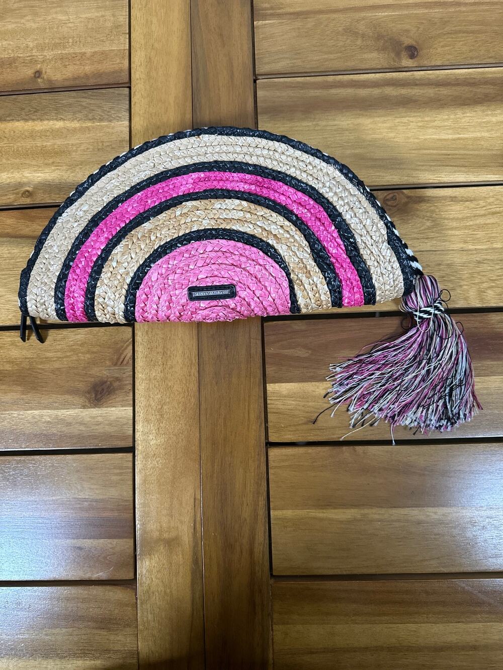Rebecca Minkoff Woven Straw Taco Clutch Pink Multi Raffia Tassel Bag